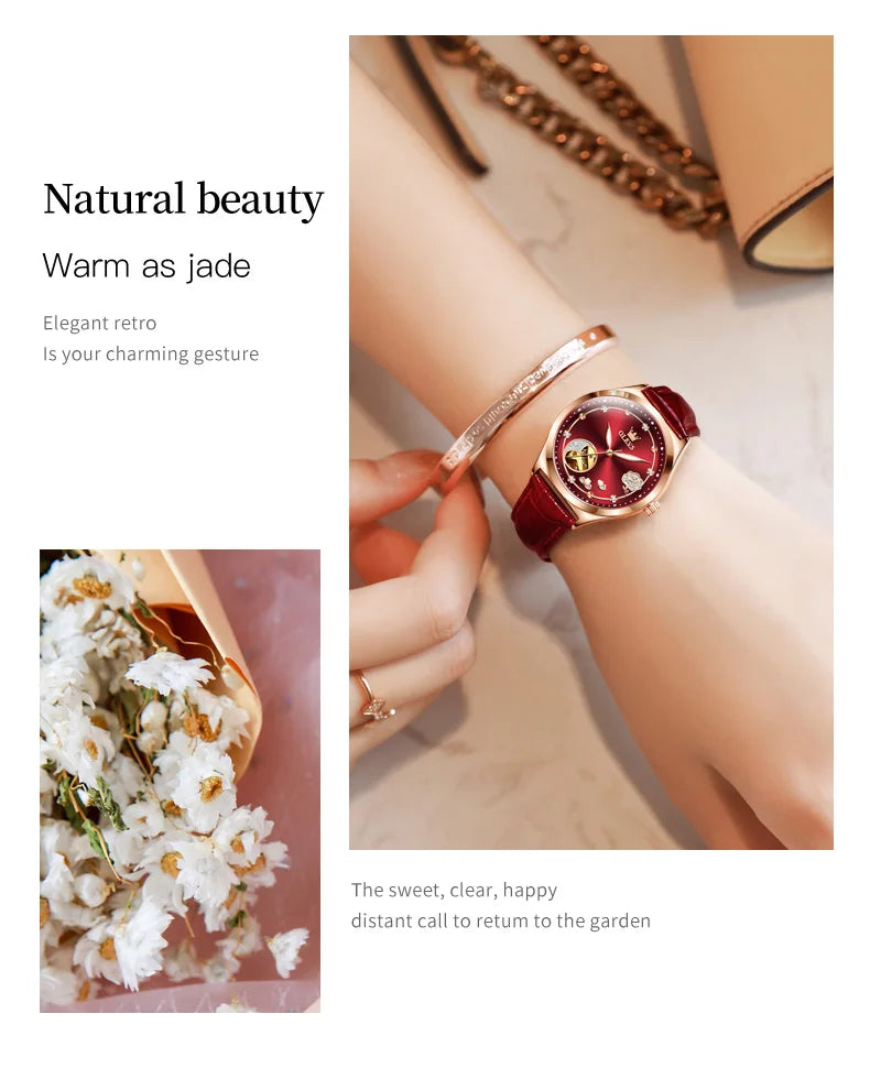 OLEVS 6601 Green Leather Strap Women Watch Automatic Mechanical Movement Waterproof Diamond Fashion Watch