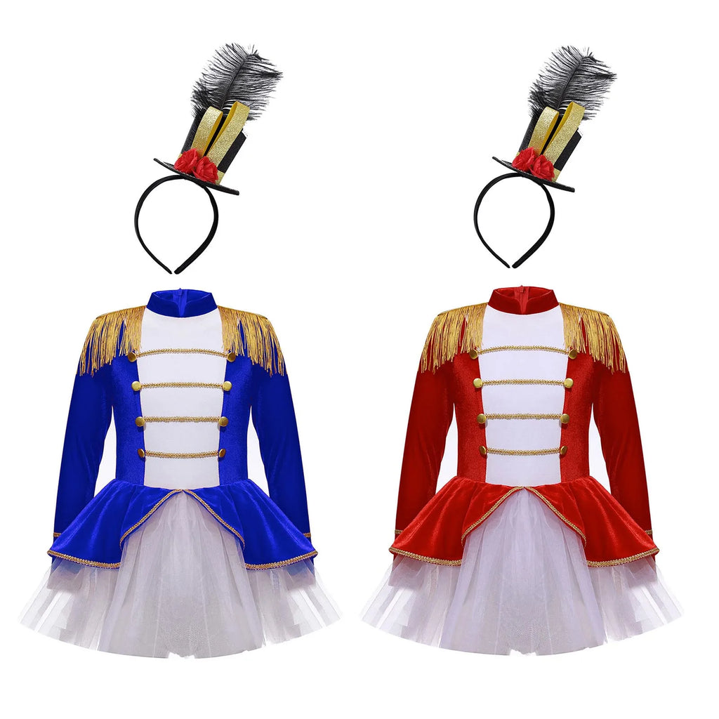 Girls Ringmaster Circus Costume Set Zipper Tutu Leotard Gown Dress with Hat for Halloween Carnival Cosplay Party Performance