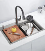 Kitchen Faucet Pull-Out Spray Head 360 Degree Rotation Hot and Cold Water Pull-Out Black and Silver Single Hole Kitchen Faucet
