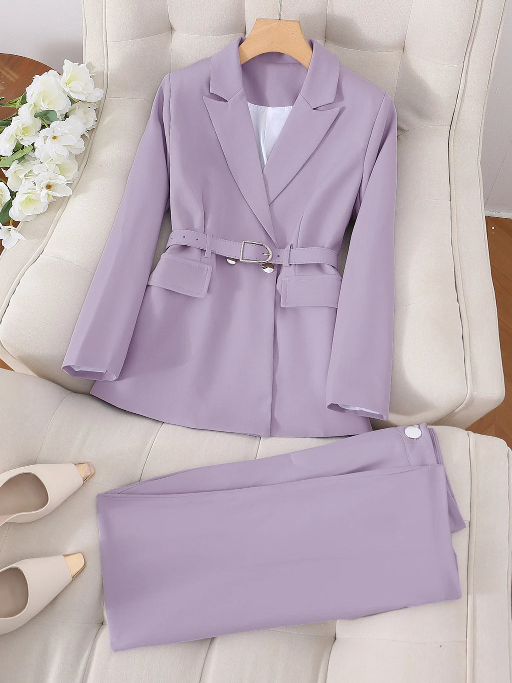 Urban elegant temperament solid color commuter office business suit jacket with belt and long trousers two-piece set, office bus