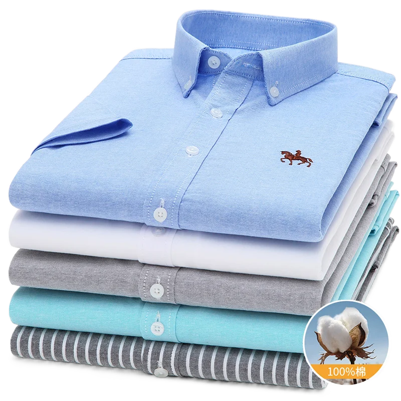 100% Cotton Oxford Shirt Men's Summer short sleeved Sleeve Embroidered Horse Casual Without Pock et Solid Shirt Plus Size S-6XL