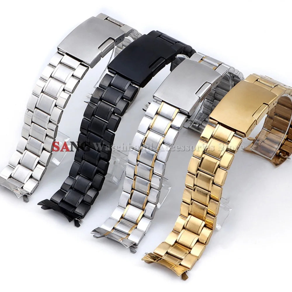 Curved End Watchband Men Women Metal Bracelets 20mm 22mm Stainless Steel Sport Strap Universal Replacement Wristband Accessories