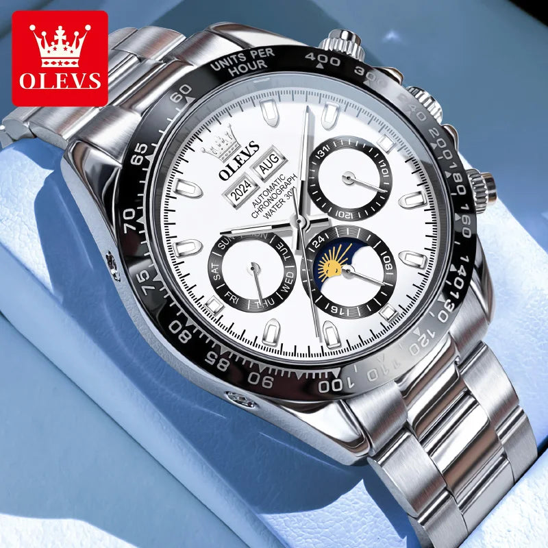OLEVS 6654 Luxury Brand Automatic Mechanical Watch for Men 30m Waterproof Luminous Chrono Moon Phase Calendar Original Man Watch