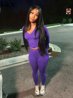 kliou Casual Women 2 Piece Set Classic Tracksuits Solid Long Sleeve Zip-up Hood Tops+Slim Elastic Pants Sporty Concise Outfits