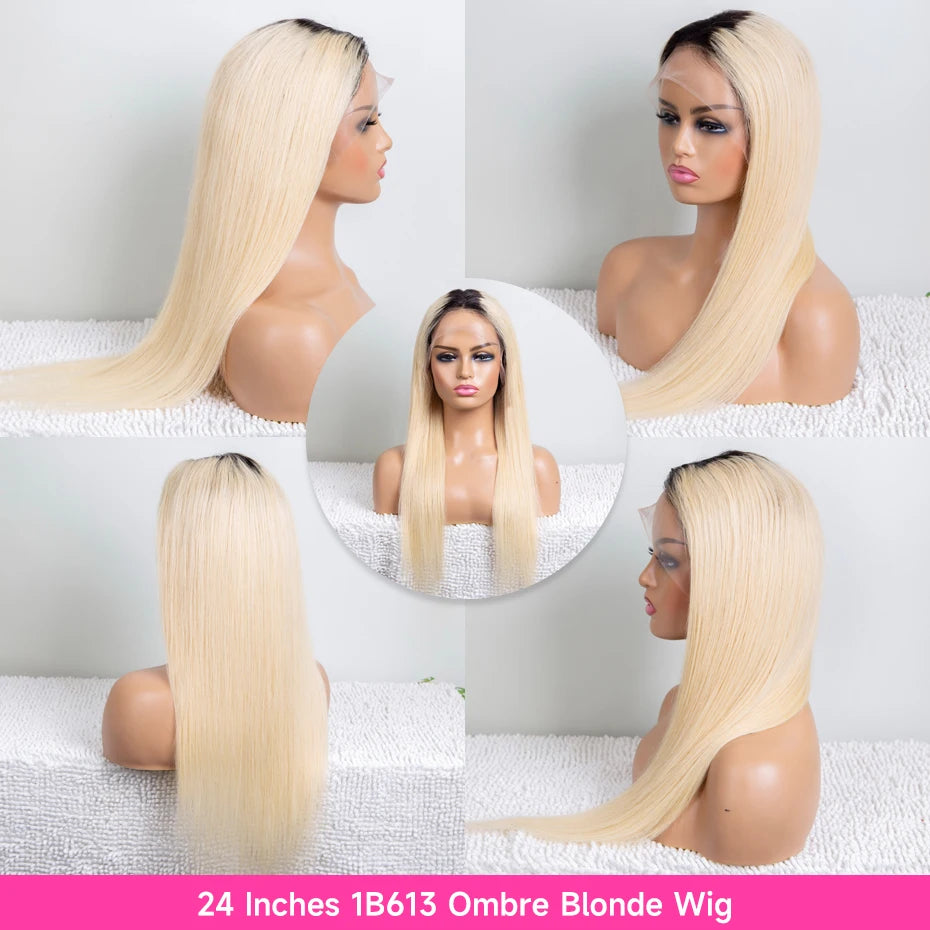 13x6 Lace Frontal Wig 1B 613 Ombre Blonde Full Lace Human Hair Wig Dark Roots Pre Plucked  Lace Front Human Hair Wigs for Women