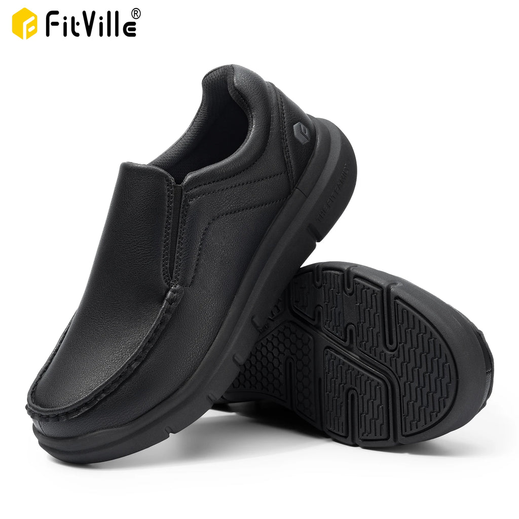 FitVille Men Wide Fit Leather Slip On Casual Loafers, Lightweight Arch Support Walking Shoes, Orthopedic Pain Relief Shoes for Swollen Feet & High Instep