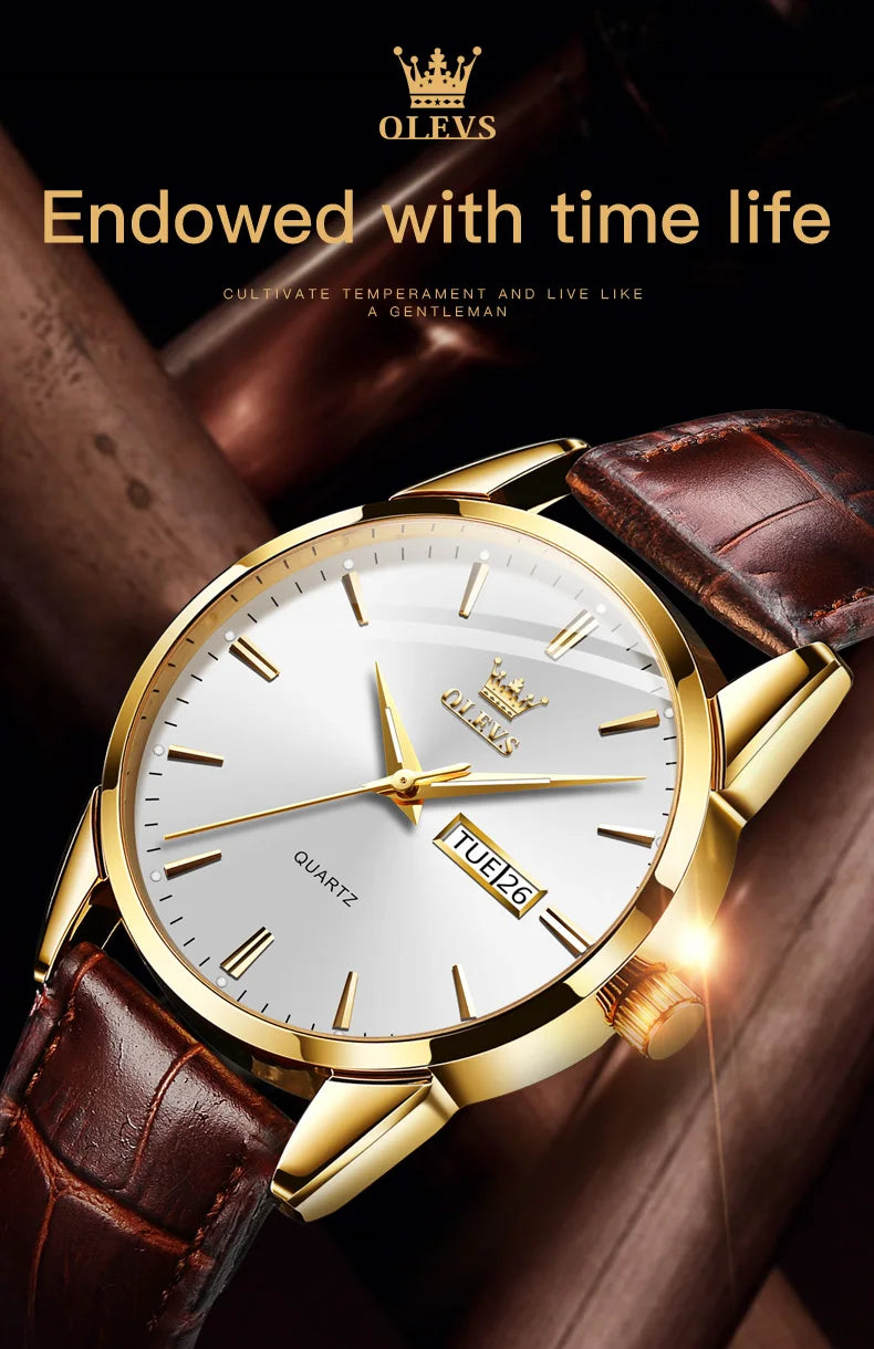 OLEVS 6898 Waterproof Sports Mens Wristwatches Luxury Shock-resistant Calendar Genuine Luminous Quartz Leather Watch for Men