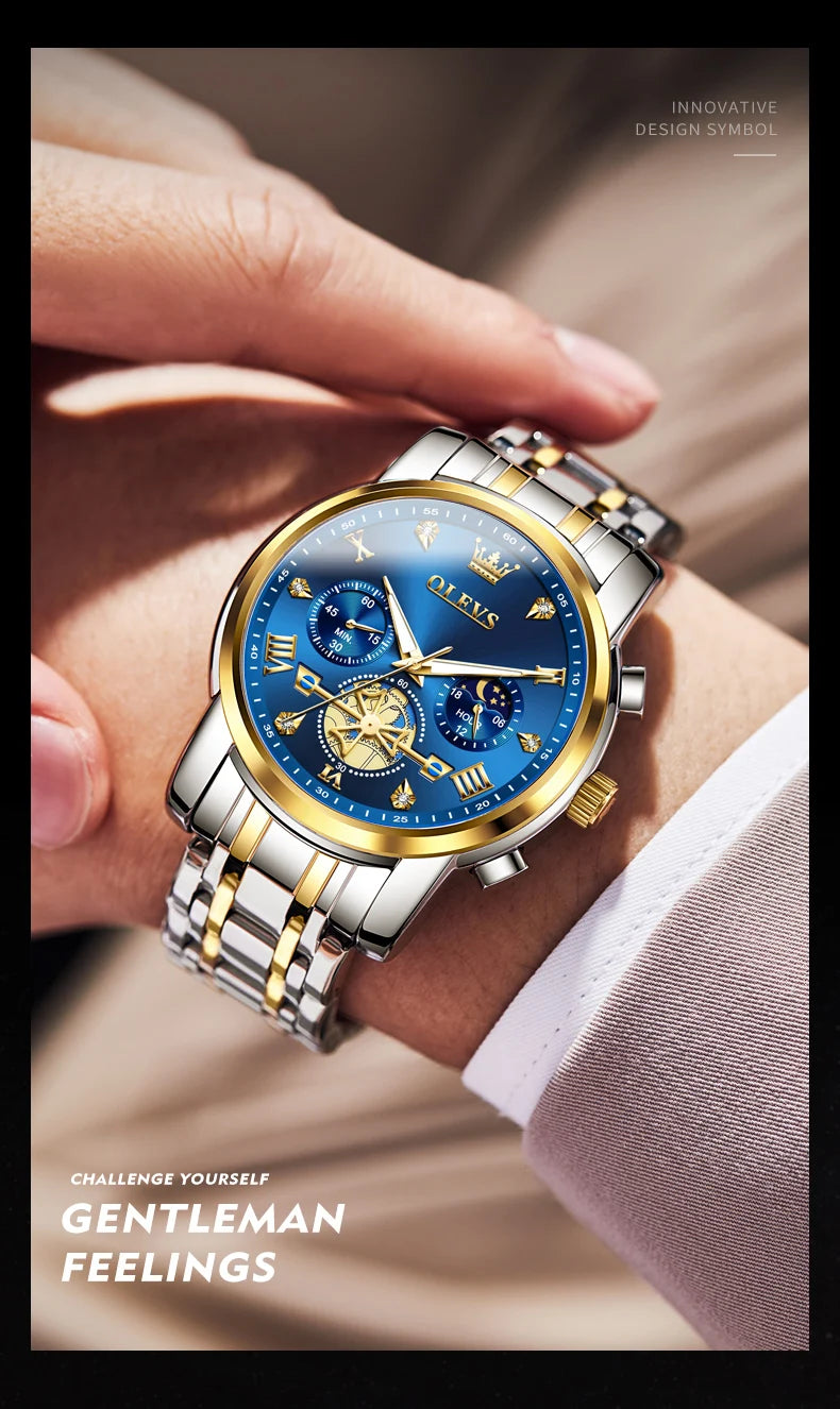 OLEVS Men's Watches Classic Multifunctional Flywheel Design Stainless steel Waterproof Moon Phase Men's Wristwatches 2024 Trend
