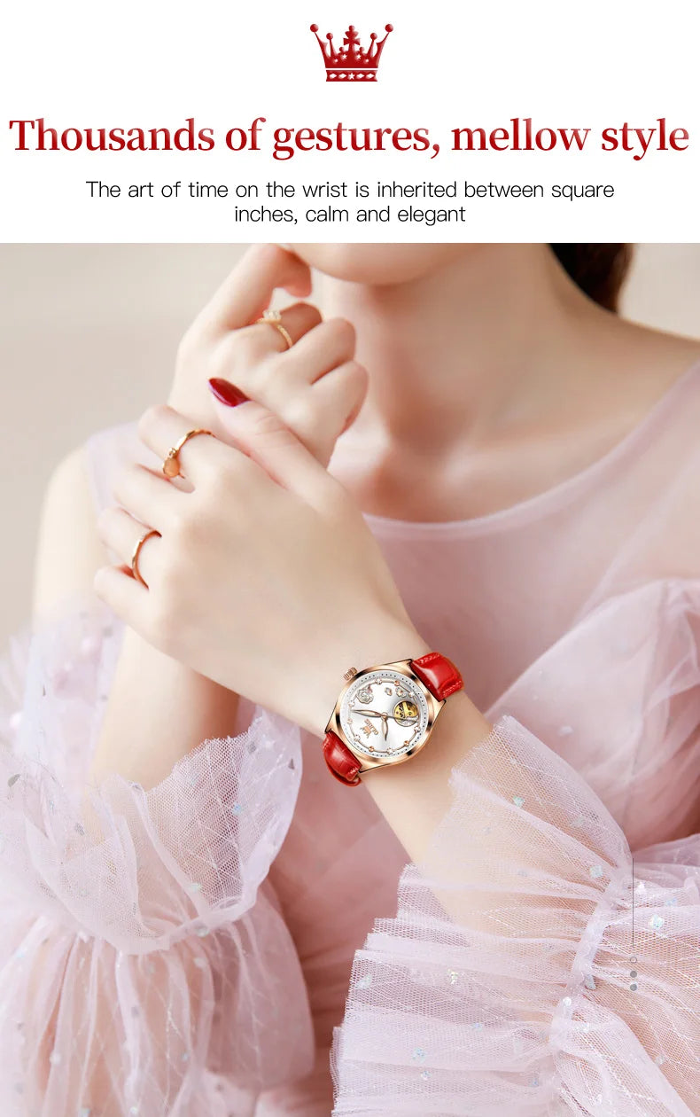 OLEVS 6601 Green Leather Strap Women Watch Automatic Mechanical Movement Waterproof Diamond Fashion Watch