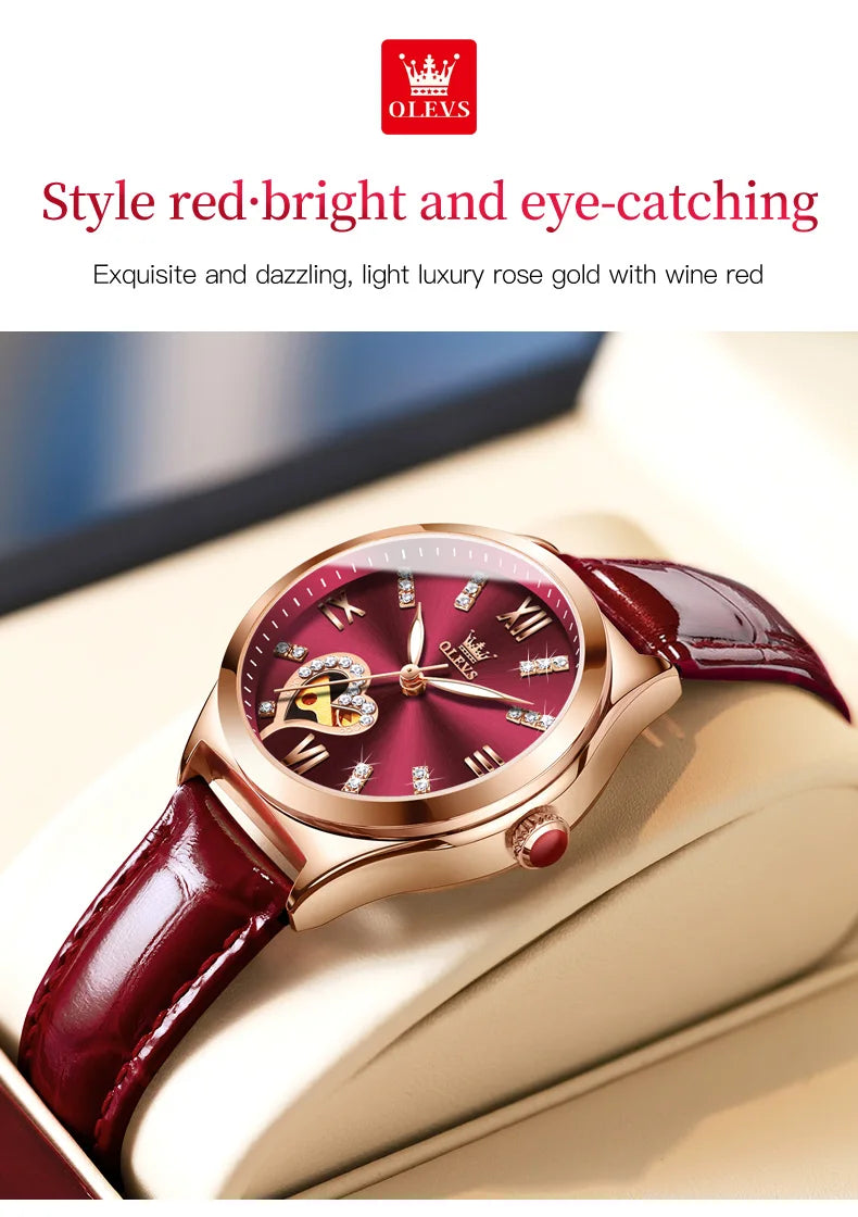 OLEVS 6636 Luxury Women Watch Fully Automatic Hollow Design Diamond Heart Shaped Watch Elegant Mechanical Women Bracelet Watch