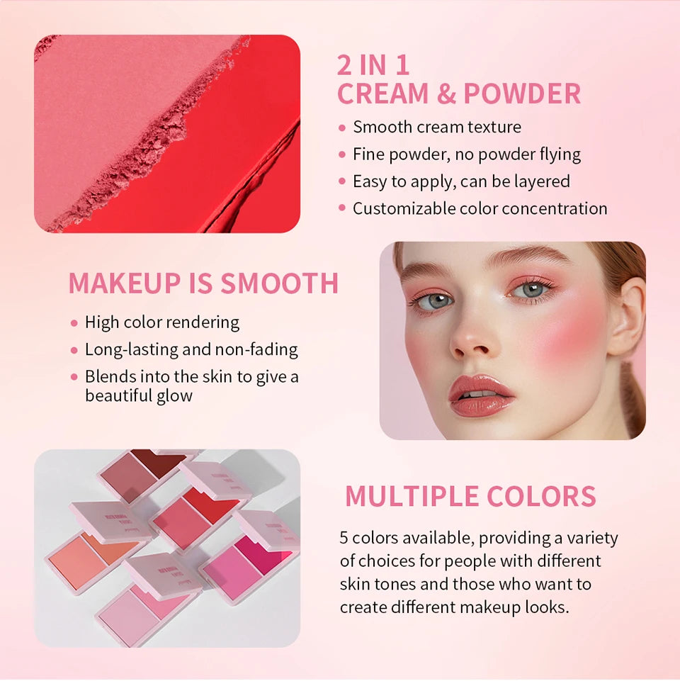 2IN1 Pink Blush Matte Dewy Rosy Blush With Brush Makeup Pan Long Wearing High Pigment Orange Red Cream & Powder Blush Palette