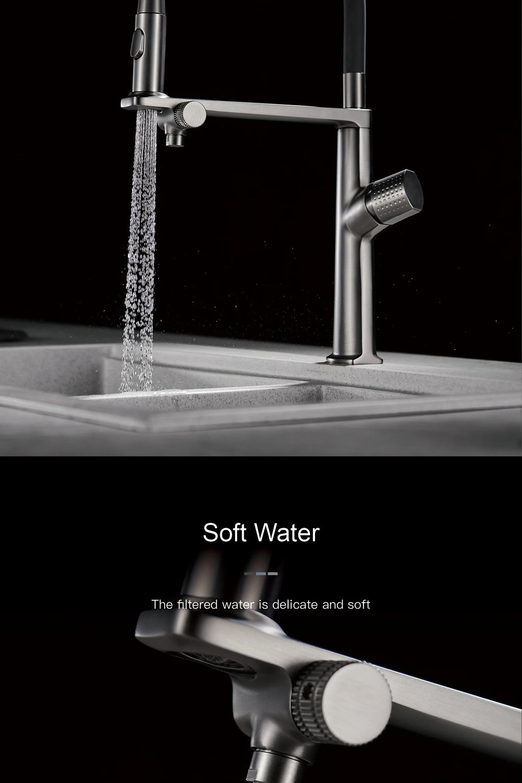 Luxury Gun Gray Brass Kitchen Faucet 1 Hole Double Handle Cold and Hot Dual Control, with Filtered Water Two Function Sink Tap