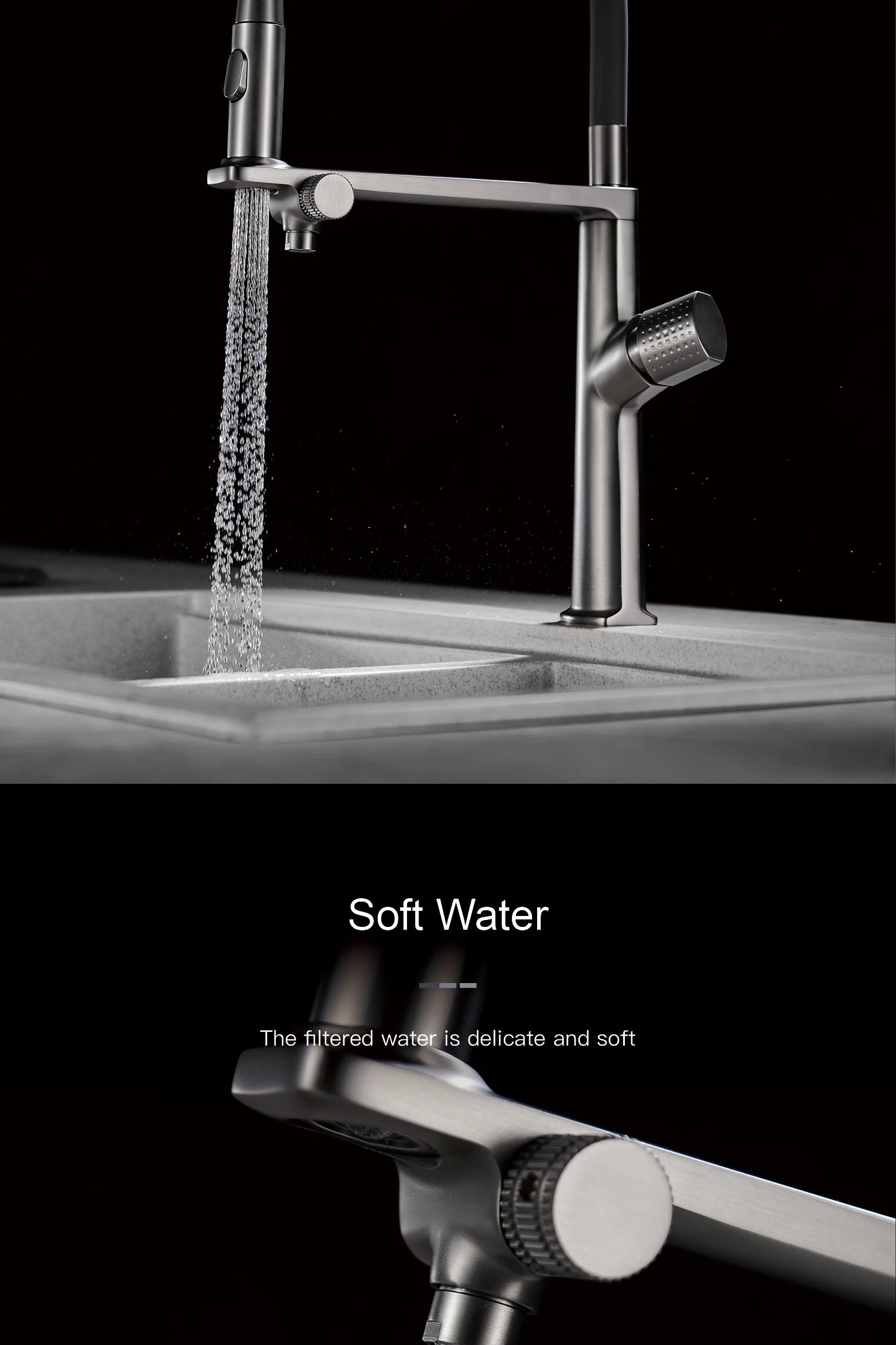 Luxury Gun Gray Brass Kitchen Faucet 1 Hole Double Handle Cold and Hot Dual Control, with Filtered Water Two Function Sink Tap