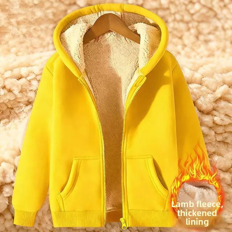 Thickened Lamb Velvet Hooded Cardigan Pure Color Oversize Sweatshirt Men Women Korean Style Winter Warm Casual Outerwear