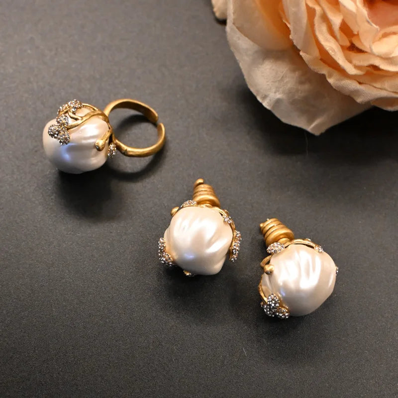 Brass Inlaid Baroque Pearl Flower Bud Stud Ring Set