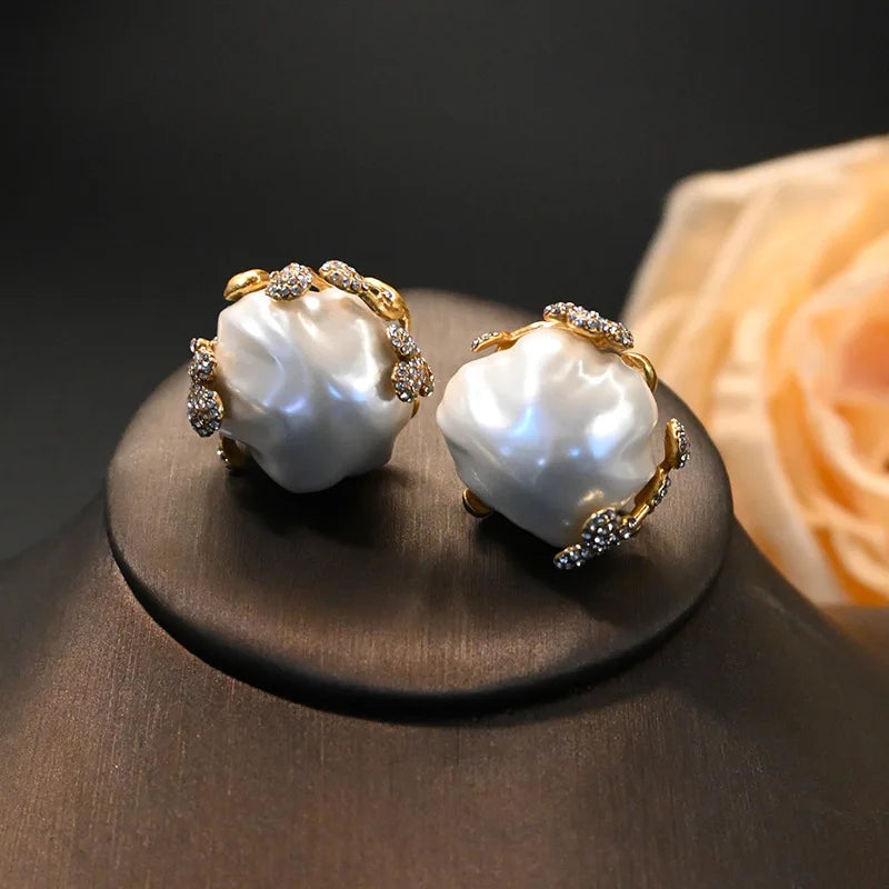 Brass Inlaid Baroque Pearl Flower Bud Stud Ring Set