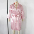 Women Satin Kimono Bathrobe Gown Summer V-Neck Nightgown Stripe Robe With Belt Bridal Wedding Sleepwear Loose Intimate Lingerie