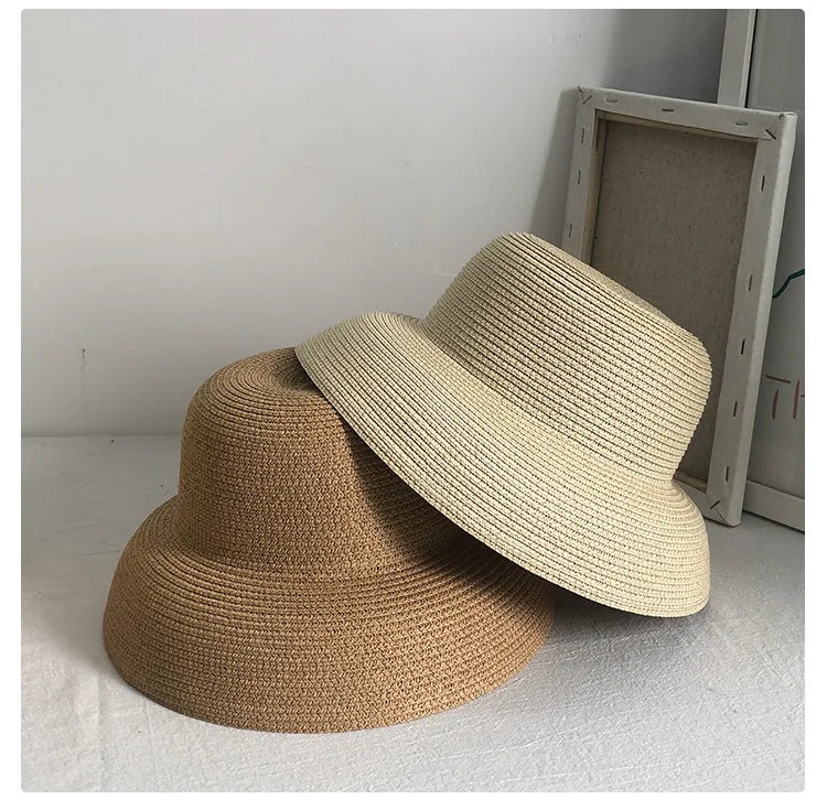 Summer Elegant Dome Straw Hats Women Girl 13cm/8.5cm 2 Sizes Solid Color Beach Sun Hat Foldable Portable Travel Holiday Panama