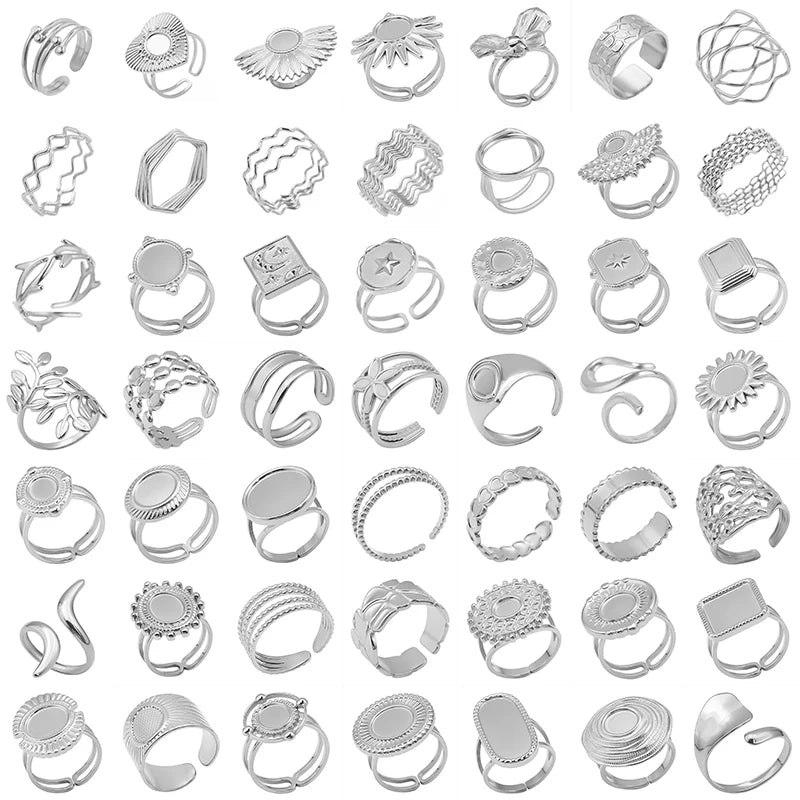Simple Geometry Fashion Stainless Steel Open Rings For Women Men Accessories Silver Color Heart Sun Round Blank Base DIY Anillos