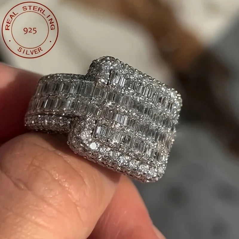 Luxury 925 Sterling Silver Ring Baguette Iced Out Fully Zircon Wedding Band Rings For Men Gift for Him