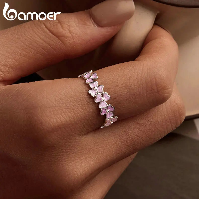 BAMOER 925 Sterling Silver Purple Flower Finger Ring Enamel Wreath Ring for Women Girls Birthday Gift Party Jewelry
