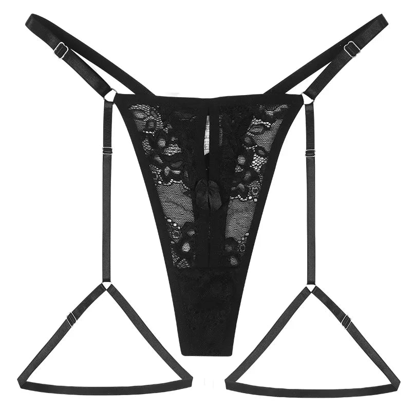 Lace Open Crotch Thong Female G-String See-through Plus Size Garters Briefs New Adjustable Waistband Hollow Sexy Ladies Panties