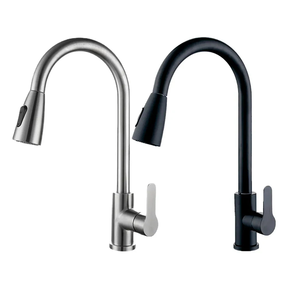 Kitchen Faucet Pull-Out Spray Head 360 Degree Rotation Hot and Cold Water Pull-Out Black and Silver Single Hole Kitchen Faucet