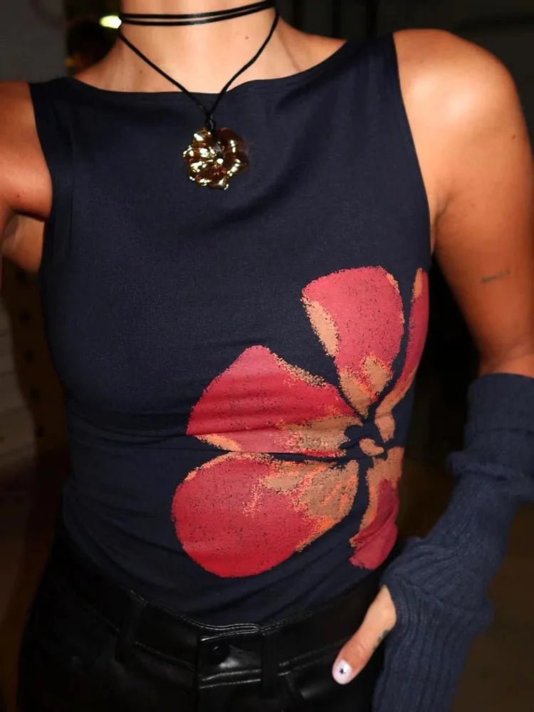 2025 New Fashion Women's Crop Tank Tops Fitted Flower Print Boat Neck Sleeveless Summer Tops for Party Club