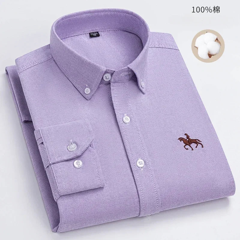 100% Pure Cotton Men's Long Sleeve Shirt Business Casual Solid Color Embroidered Oxford Spun Shirt
