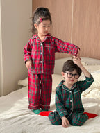 Merry Christmas Kids Pure Cotton Pajamas Set Plaid Print Turn-down Collar Button Shirt Trousers 2 Pieces Suit Homewear Xmas Look