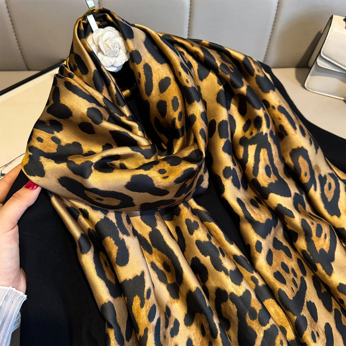 Spring Autumn Leopard Silk Scarf Women's Luxury Design Smooth Scarf Soft Shawl Beach Sun Protection 80x180cm Foulard Bandana