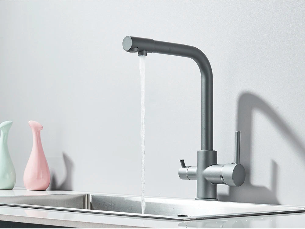Chrome Purified Water Kitchen Faucet Pure Water Filter Deck Mounted Faucet Crane Dual Handles Hot Cold Water Mixer Taps
