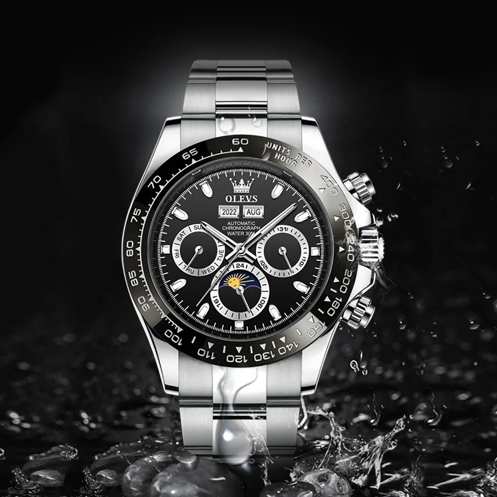 OLEVS 6654 Mens Watch Fashion Chronograph Automatic Mechanical Wristwatch Waterproof Luminous Function Top Brand Watch for Man