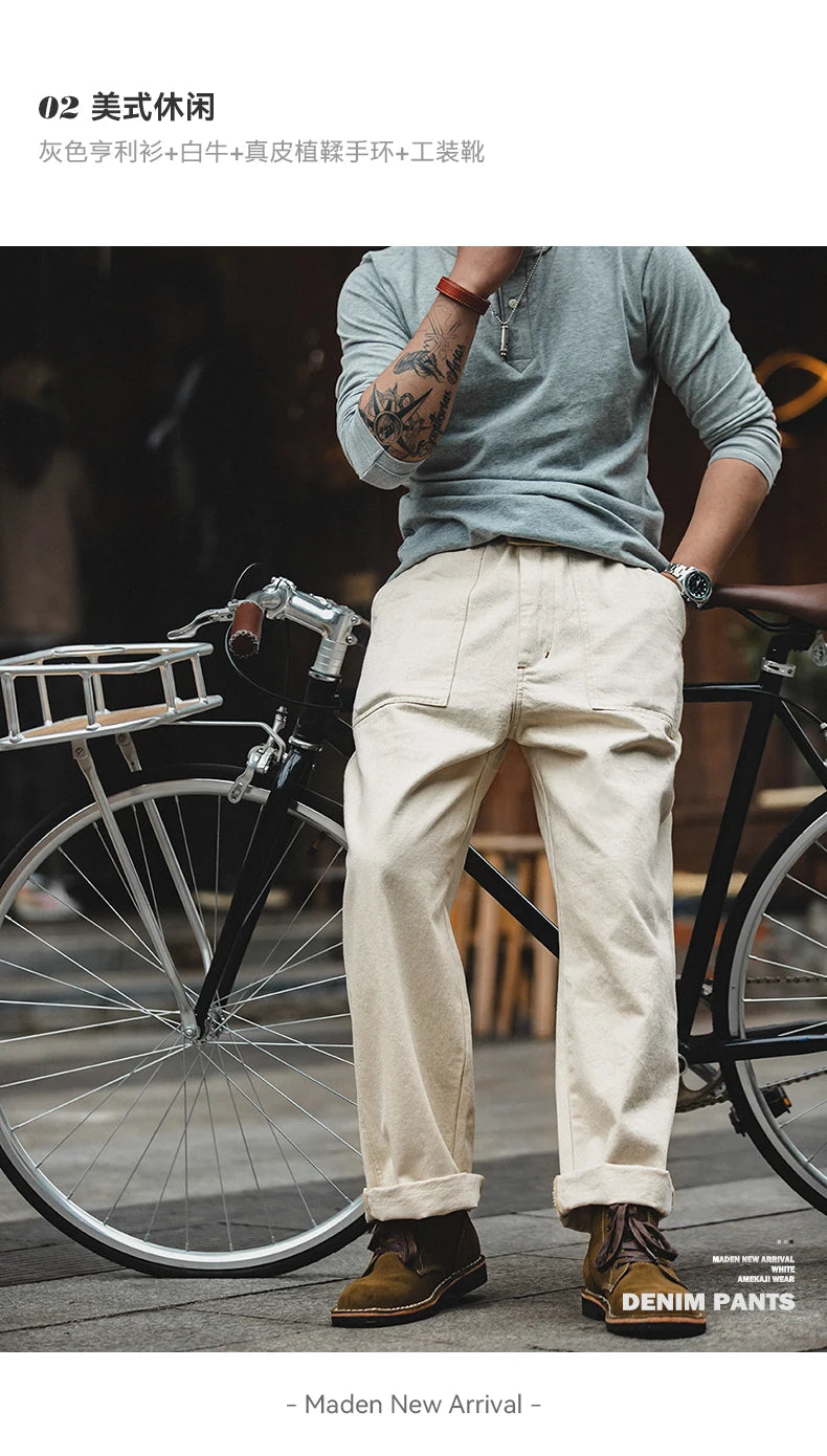 Maden Vintage 11.2oz White Cottonseed Hull Jeans Casual Loose Fit Straight Trousers for Men's Spring and Fall Chino Cargo Pants