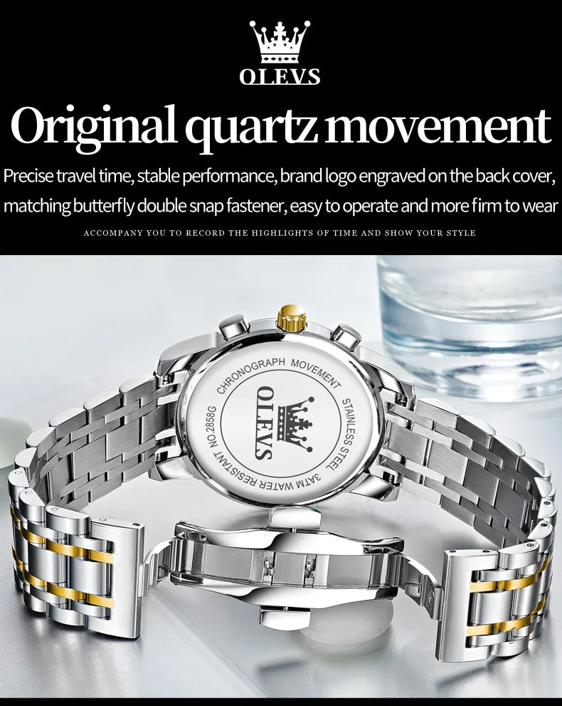 OLEVS 2858 Men's Watches Stainless Steel Waterproof Anti-Scratch Moon Phase Luminous Chronograph Luxury Quartz Men's Wristwatch