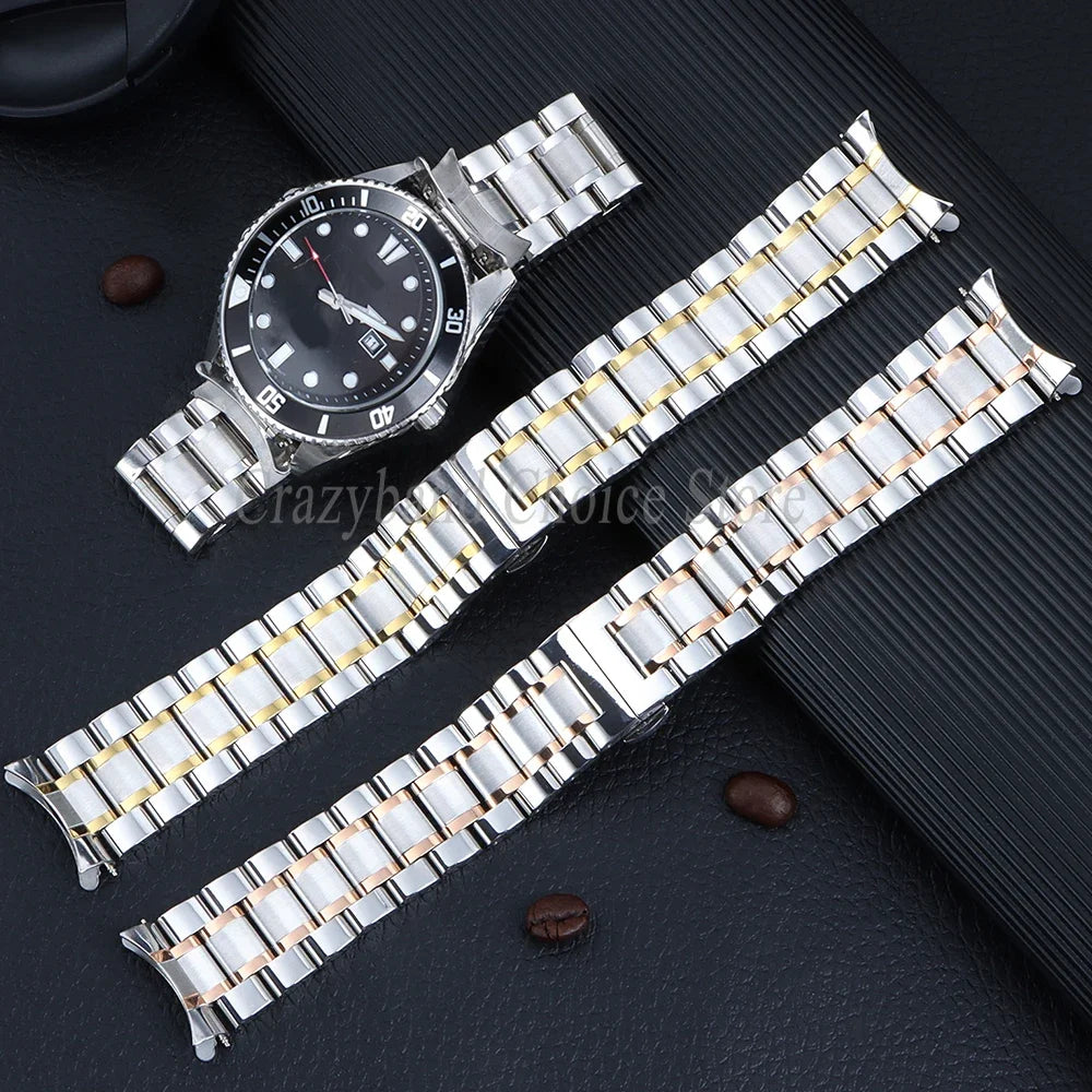 20mm22mm Arc Stainless Steel Watch Band 12/14/16mm 18mm 21mm 24mm Curved Universal Women Men Strap Silver Black Butterfly Buckle