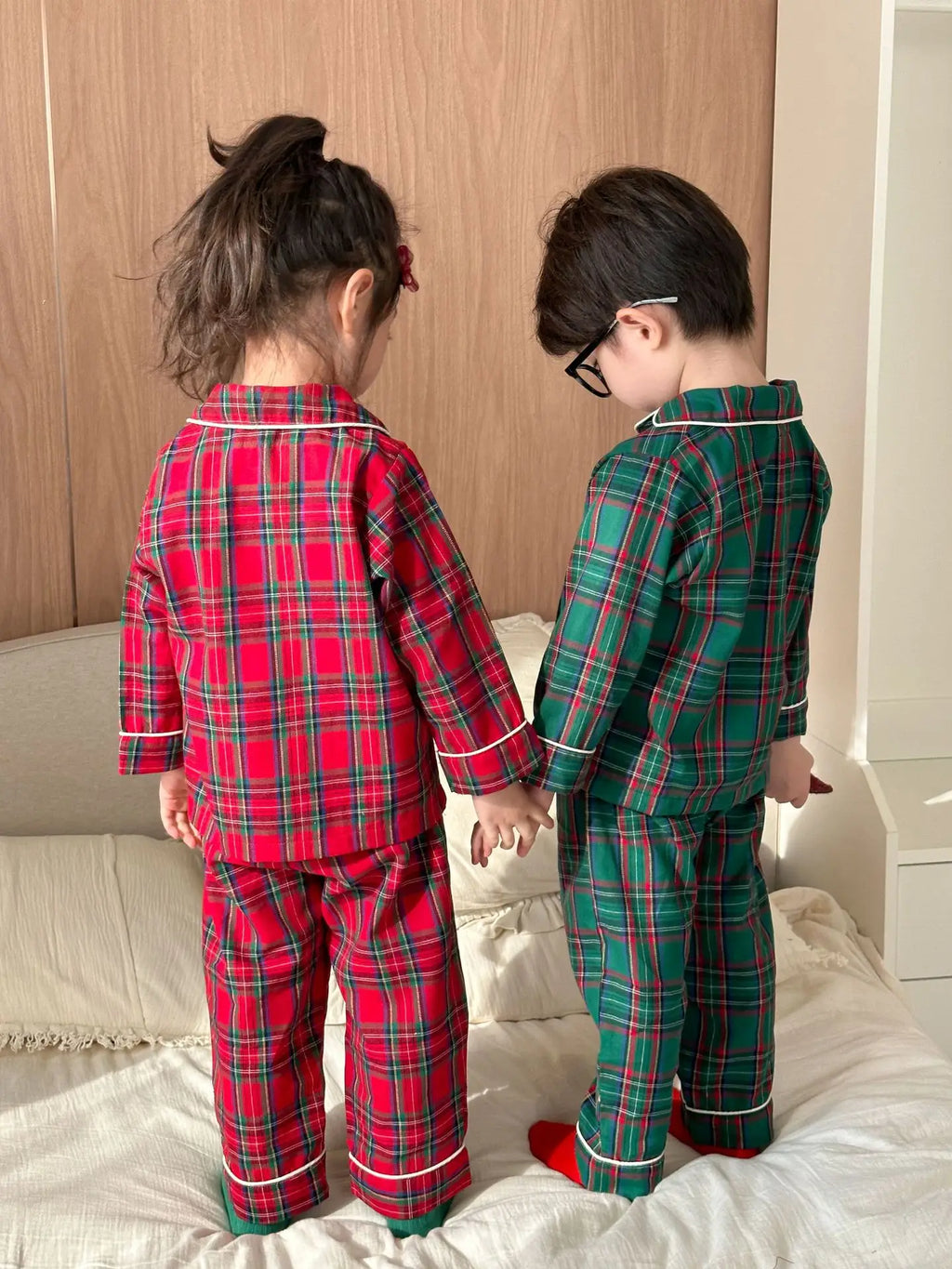 Merry Christmas Kids Pure Cotton Pajamas Set Plaid Print Turn-down Collar Button Shirt Trousers 2 Pieces Suit Homewear Xmas Look