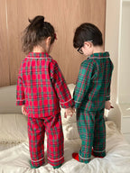 Merry Christmas Kids Pure Cotton Pajamas Set Plaid Print Turn-down Collar Button Shirt Trousers 2 Pieces Suit Homewear Xmas Look