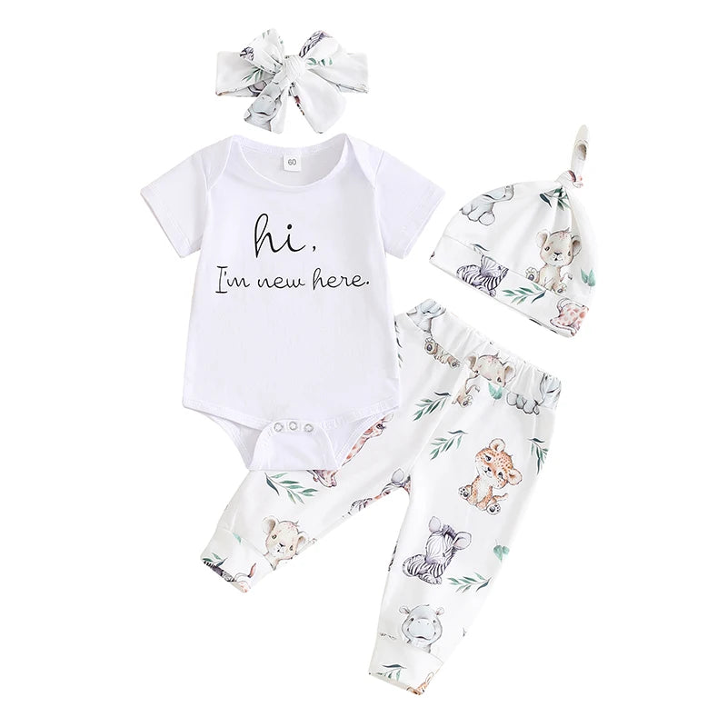 Citgeett Summer Infant Baby Boys Girls Outfits Short Sleeve Animal Print Romper + Pants + Headband + Hat Set Clothes
