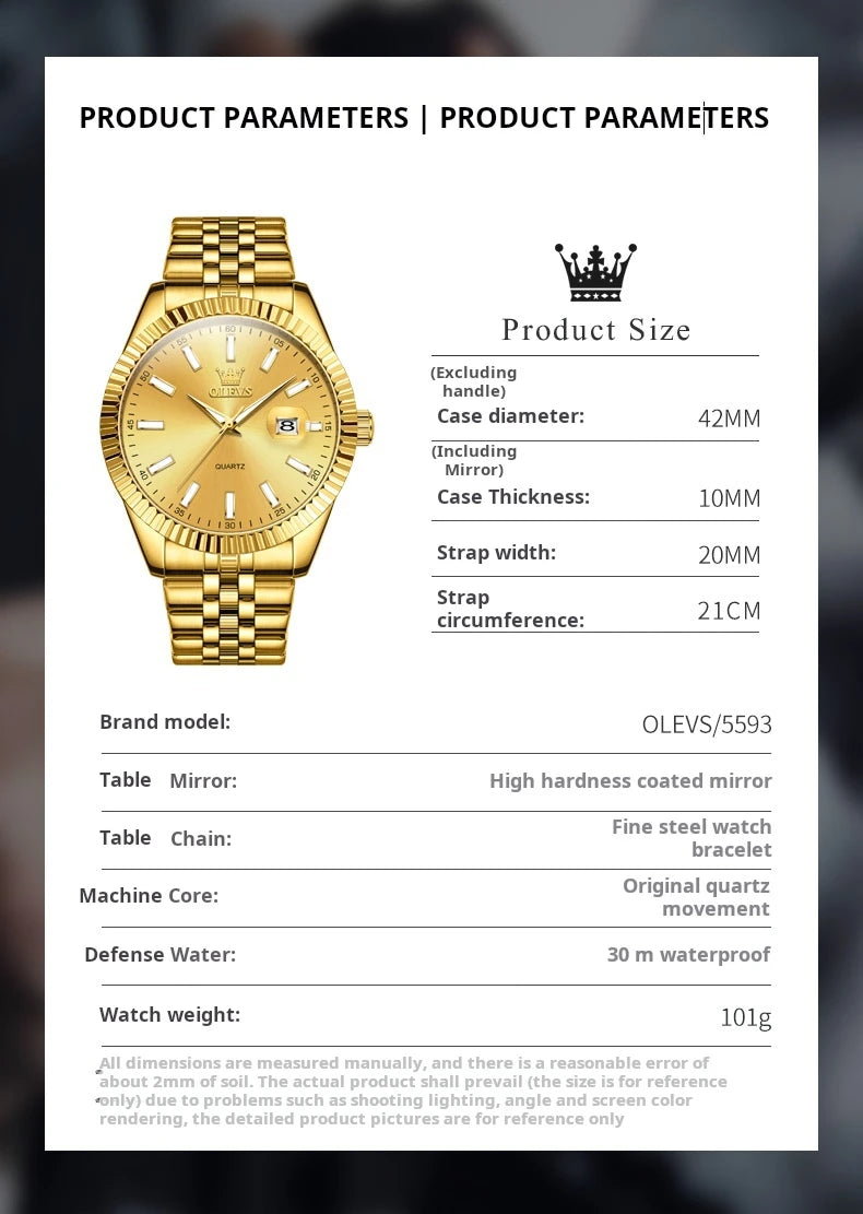 OLEVS Brand Luxury Gold Quartz Watch for Men Stainless Steel Waterproof Luminous Calendar Fashion Mens Watches Relogio Masculino
