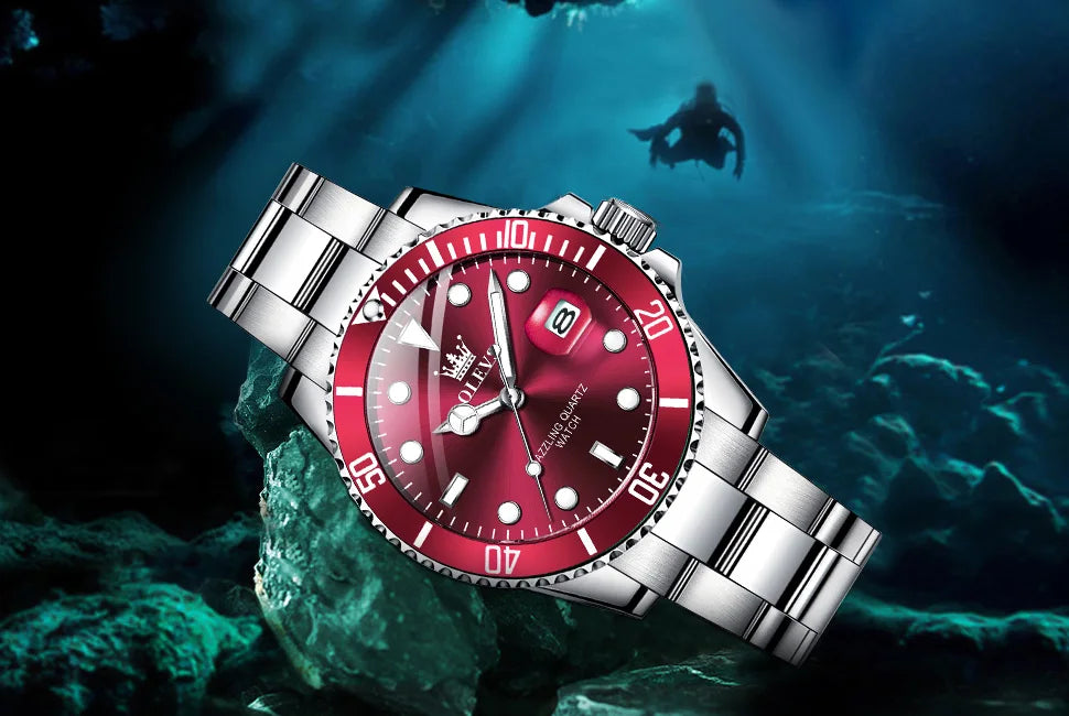 OLEVS 5885 Luxury Men Watch Diving Series Deep Waterproof Auto Date Stainless Steel NEW Red Dial Original Wristwatch