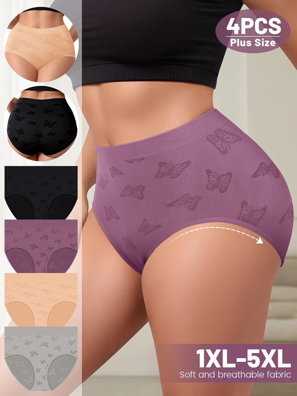 4pcs Women'S Plus Size Sexy Briefs - Soft Stretchy Triangle Underwear with Butterfly Pattern, Breathable Fabric, Comfort Fit for