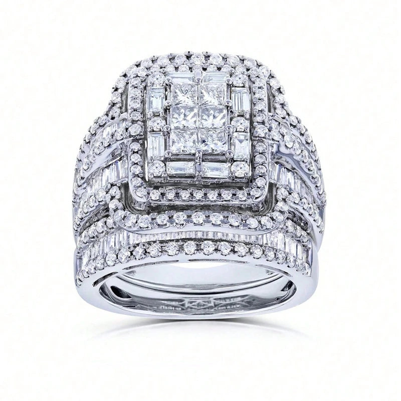 2pcs/set Luxury Exaggerated Ladies Sparkling Square Zirconia Ring Set for Bridal Wedding Valentine's Day Gift Eternity Jewellery