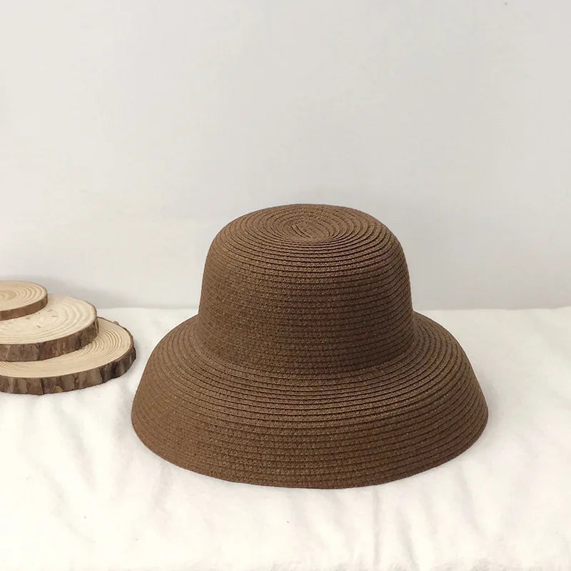 Summer Elegant Dome Straw Hats Women Girl 13cm/8.5cm 2 Sizes Solid Color Beach Sun Hat Foldable Portable Travel Holiday Panama