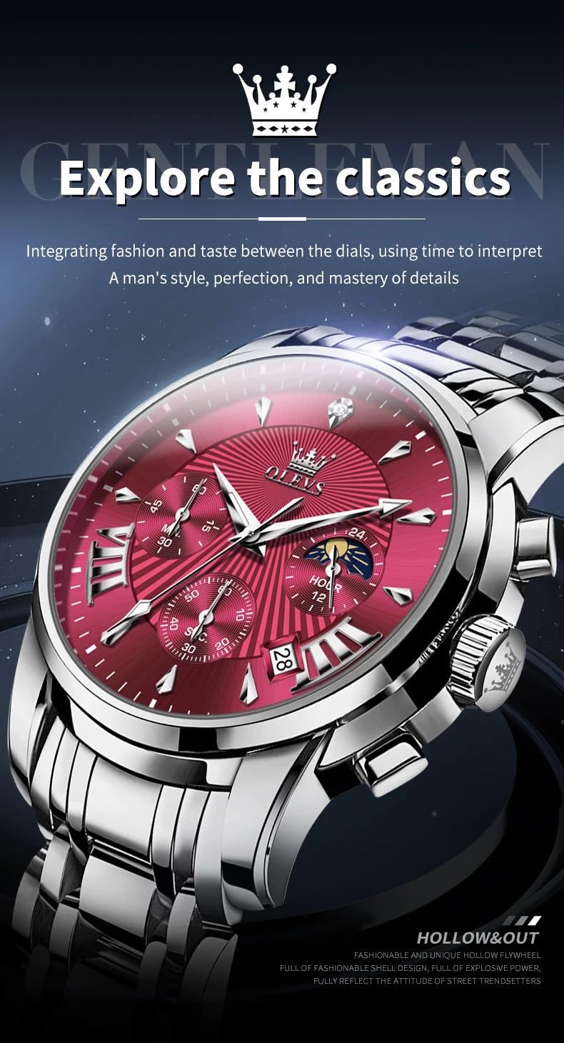 OLEVS 2892 Mens Watch Original Business Quartz Watch Moon Phase Multifunctional Chronograph Watches For Men With Box Reloj New