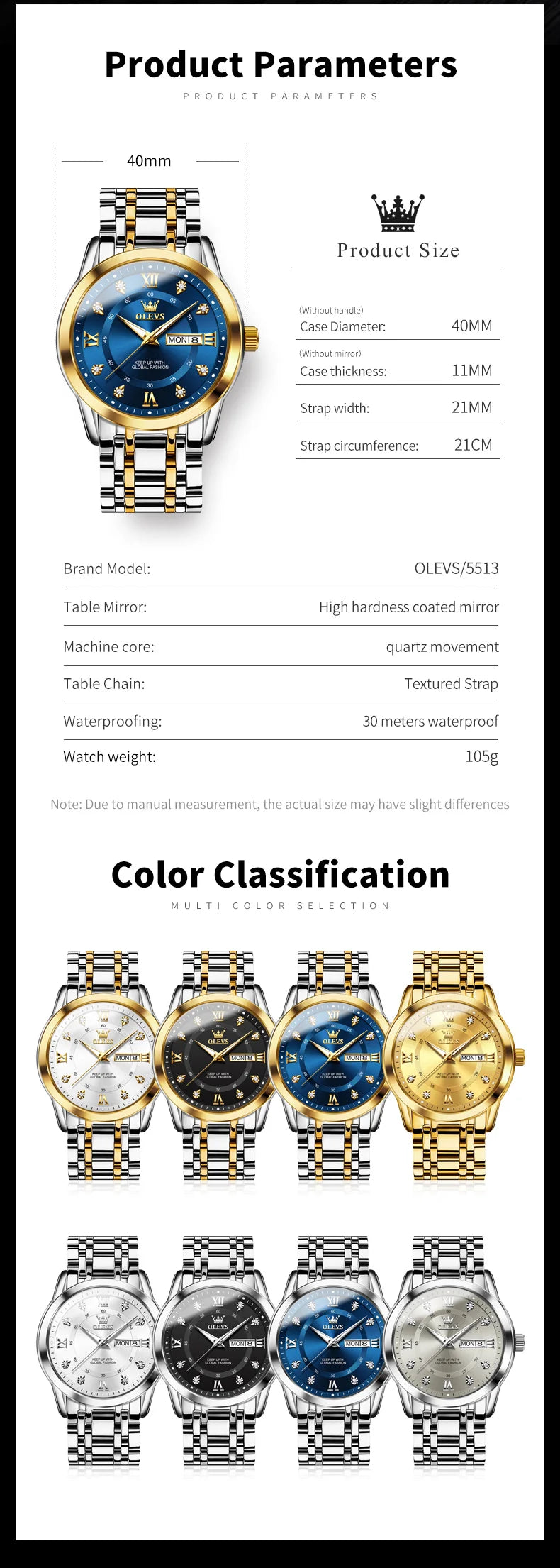 OLEVS 5513 Mens Watch Original Fashion Brand Quartz Waterproof Luminous Watch For Man Stainless Steel Dual Calendar Watch Box