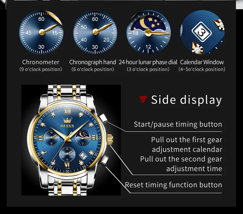 OLEVS 2858 Men's Watches Stainless Steel Waterproof Anti-Scratch Moon Phase Luminous Chronograph Luxury Quartz Men's Wristwatch