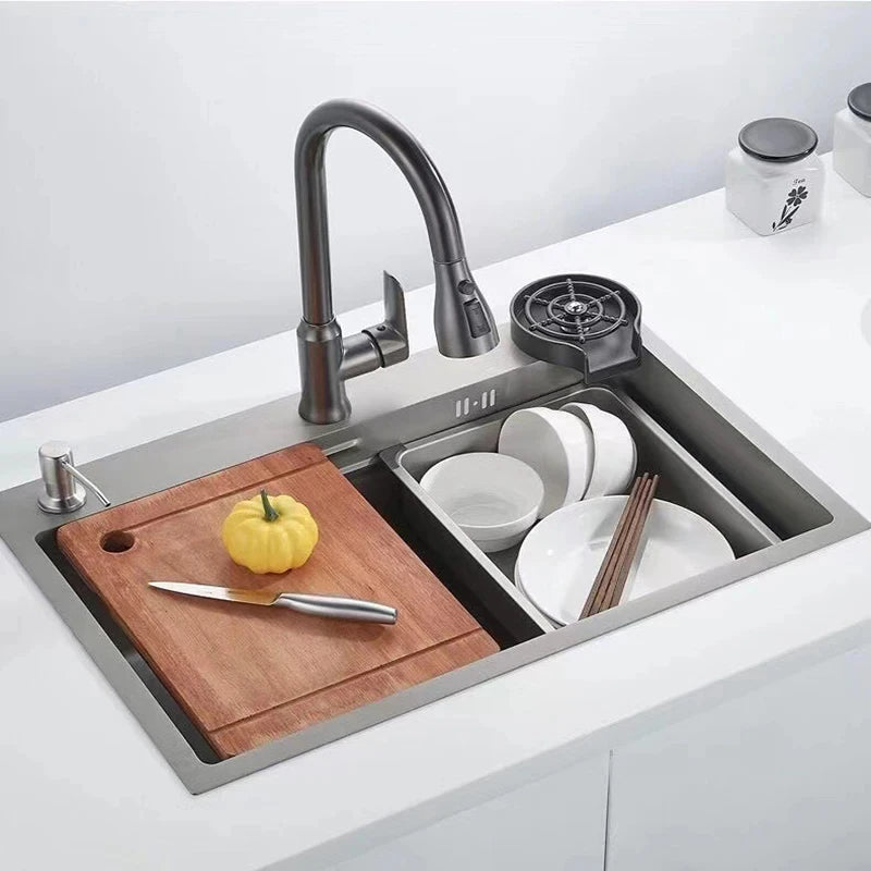 Kitchen Faucet Pull-Out Spray Head 360 Degree Rotation Hot and Cold Water Pull-Out Black and Silver Single Hole Kitchen Faucet