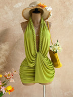 Women Solid Color Backless Halter Mini Dress For Vacation Beach Summer
