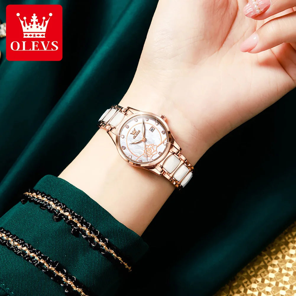 OLEVS Quartz Watch Women Japan Movement Waterproof Stainless Steel Ceramics Women Wristwatch Luxury Ladies watch Set Hot